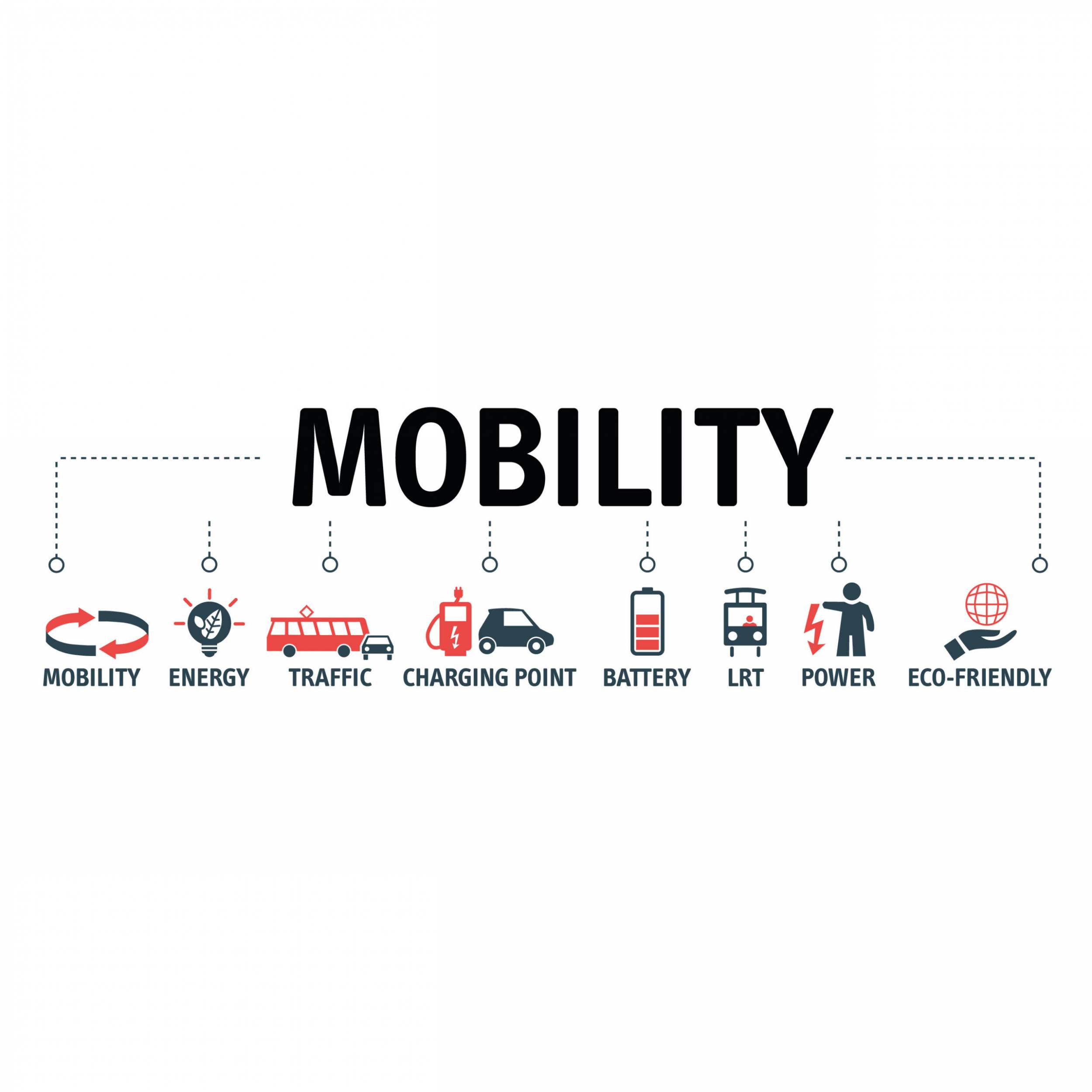 Detailed illustration of e-mobility concept. Banner with keywords and icons