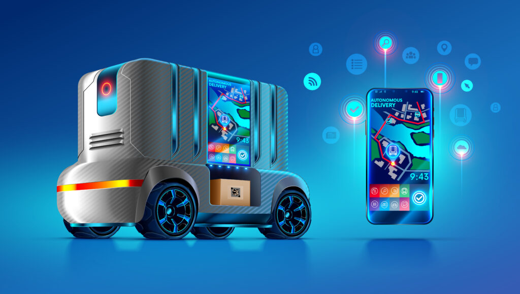Autonomous,Driverless,Van,Delivers,And,Ships,Parcels,In,Specified,Location